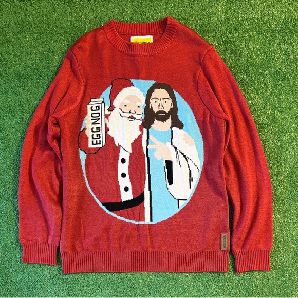 Tipsy Elves Santa Claus Jesus Eggnog Christmas Sweater Red L Party Holidays - Picture 1 of 8